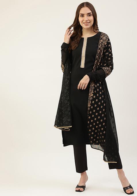 Black Printed Poly Crepe Kurta Set