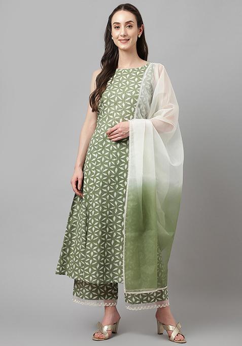 Pista Printed Cotton Kurta Set