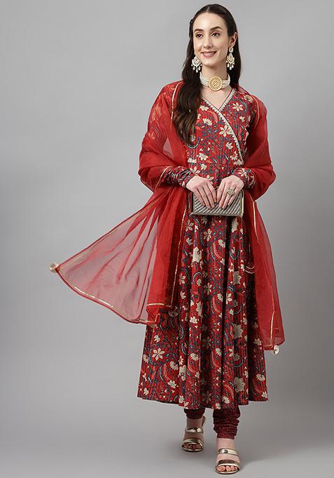 Maroon Printed Cotton Kurta Set