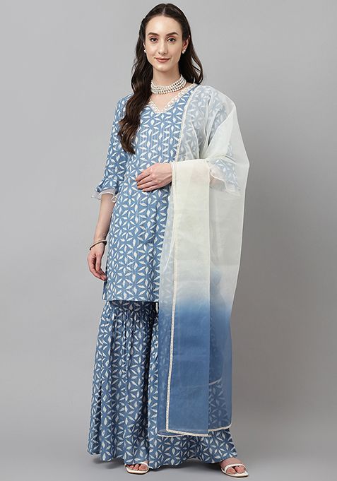 Blue Printed Cotton Kurta Set