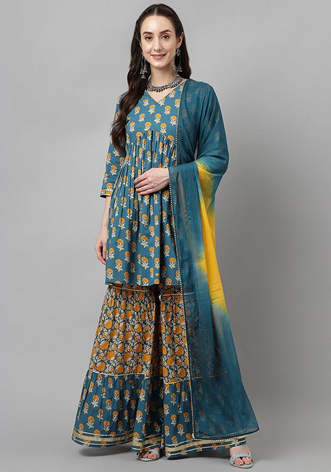 Teal Printed Cotton Kurta Set