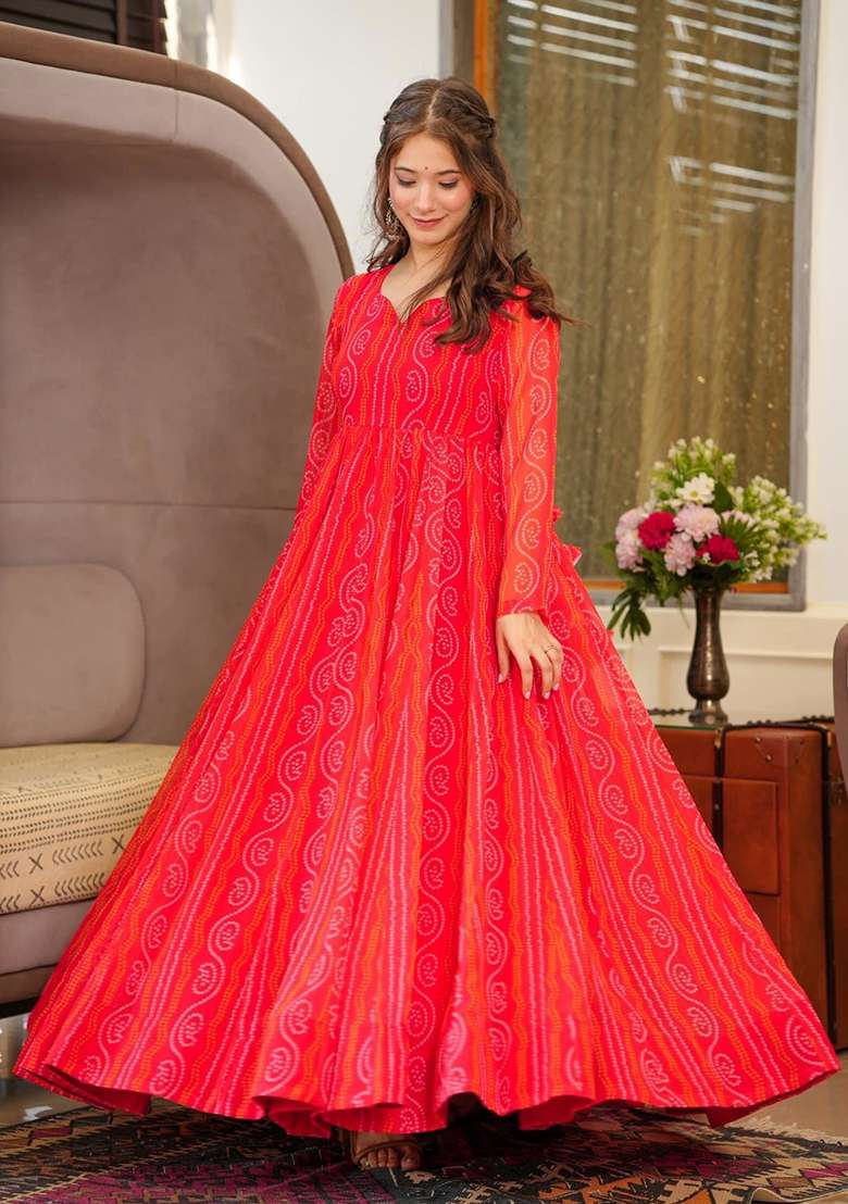 Red Digital Print Georgette Gown - Indya