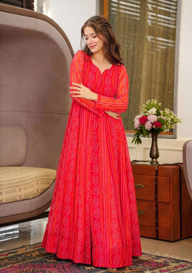 Red Digital Print Georgette Gown - Indya