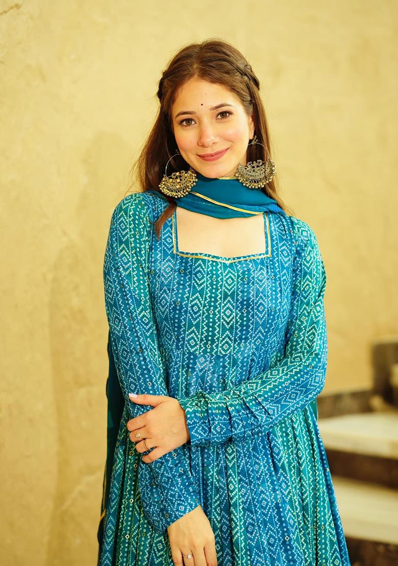 Blue Digital Print Georgette Kurta Set