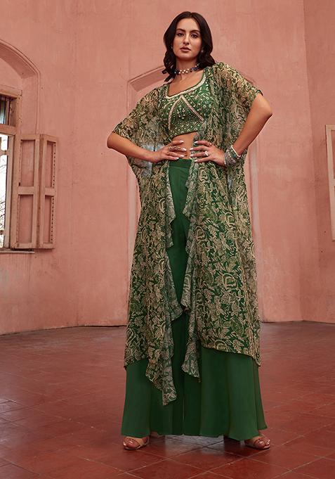 Green Thread Mirror Embellished Georgette Sharara Set