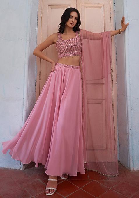 Pink Thread Mirror Embellished Georgette Sharara Set