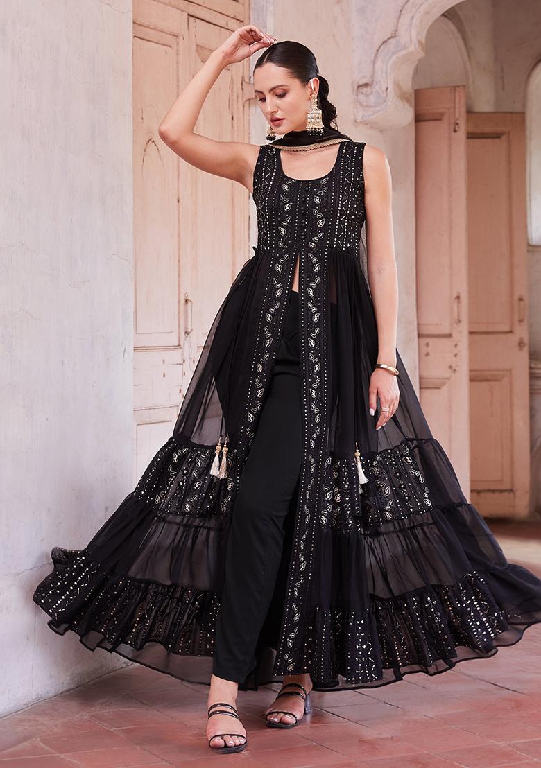 Black Sequin Zari Embroidered Georgette Anarkali Set - Indya