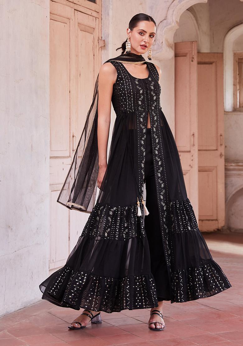Black Sequin Zari Embroidered Georgette Anarkali Set - Indya
