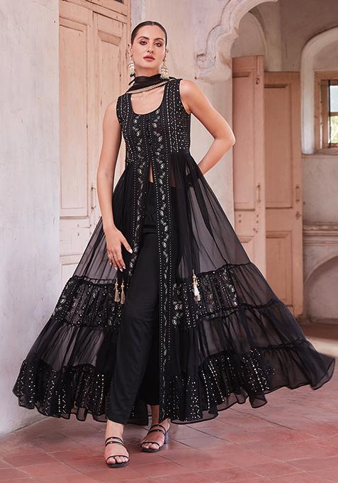 Black Sequin Zari Embroidered Georgette Anarkali Set