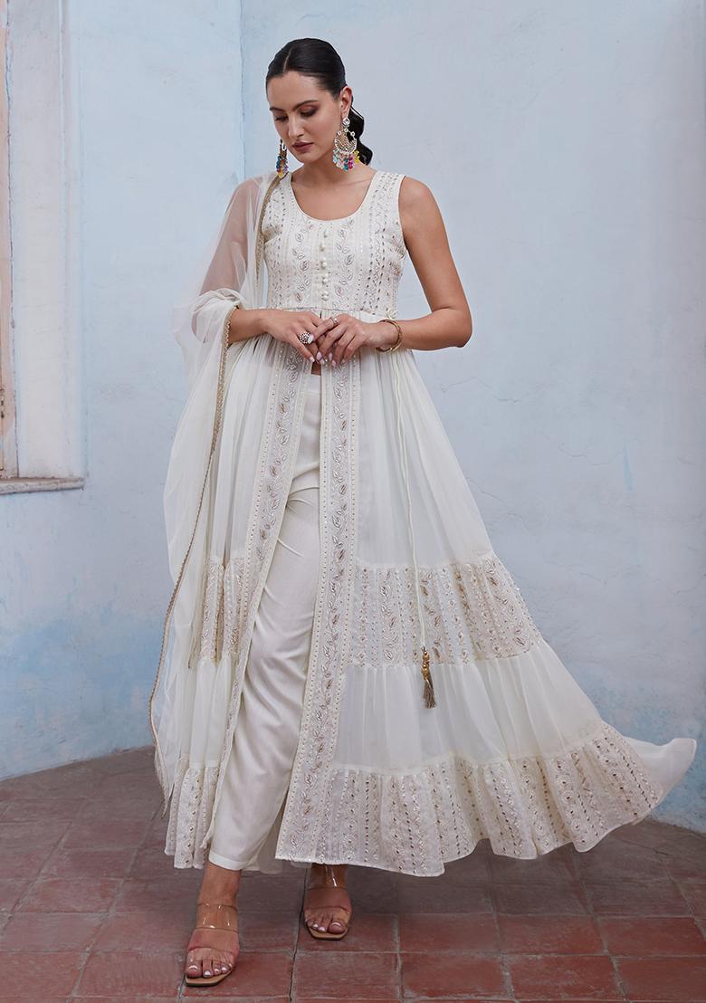 Off White Sequin Zari Embroidered Georgette Anarkali Set