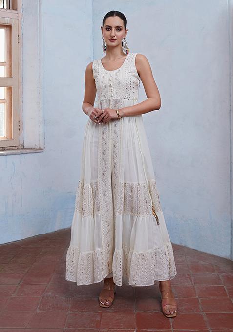 Off White Sequin Zari Embroidered Georgette Anarkali Set