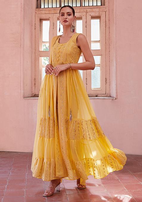 Yellow Sequin Zari Embroidered Georgette Anarkali Set