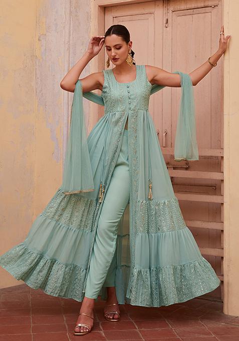 Firozi Sequin Zari Embroidered Georgette Anarkali Set