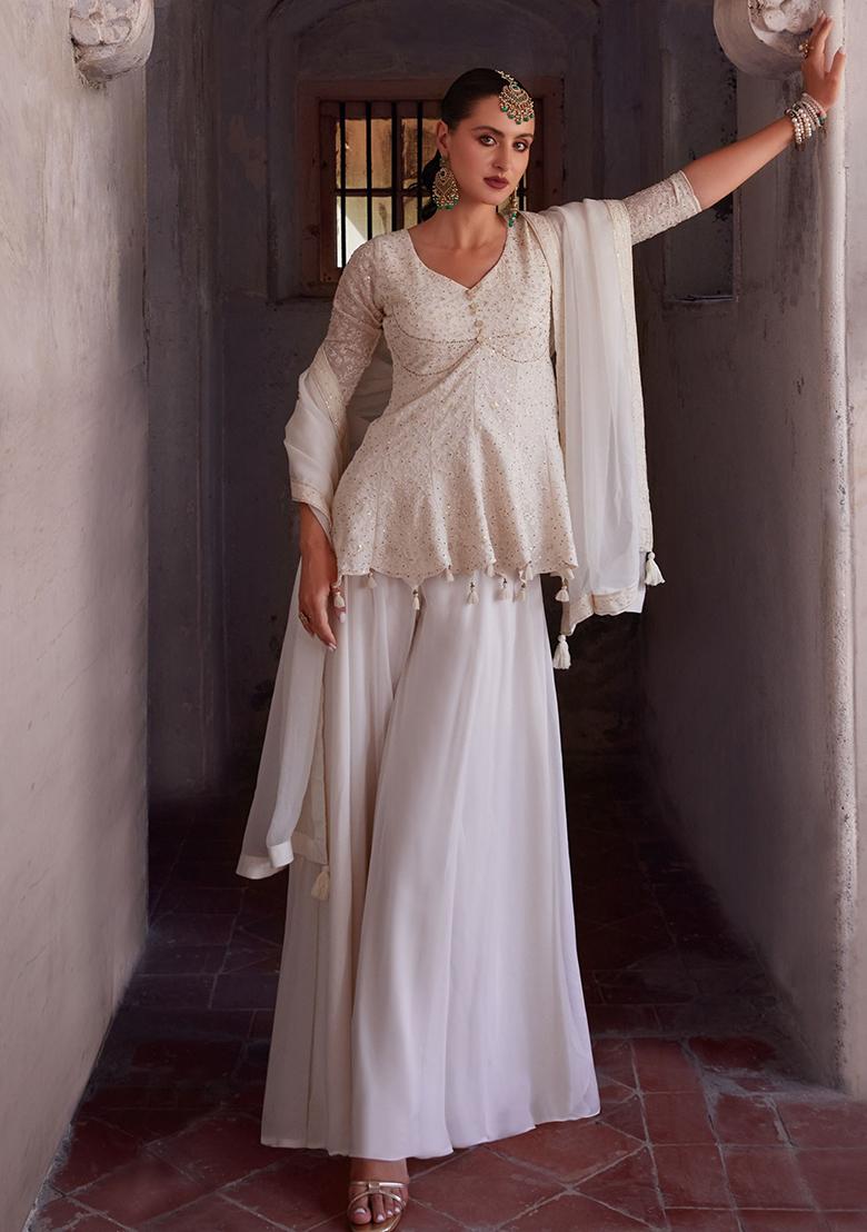 Off White Sequin Zari Embroidered Georgette Sharara Set