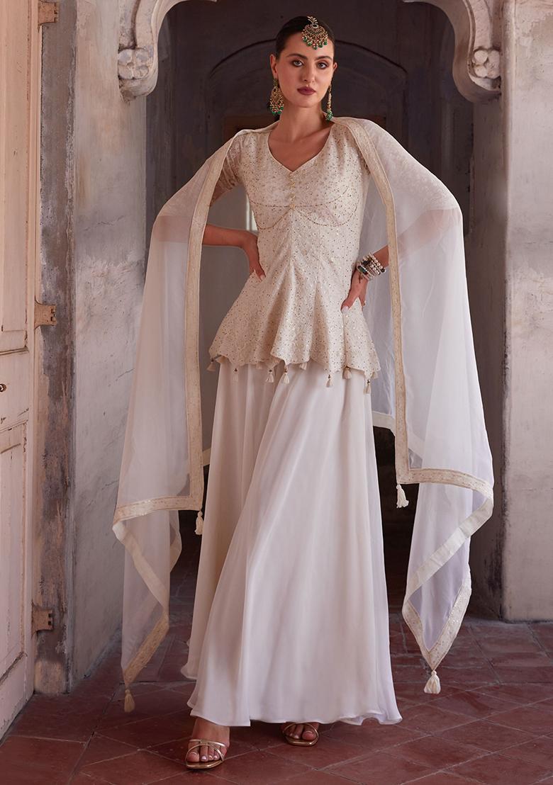 Off White Sequin Zari Embroidered Georgette Sharara Set