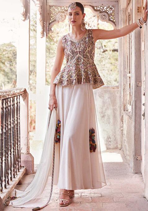 Designer Kurti & Ruffled Sharara Set with Sequins & Zari Work