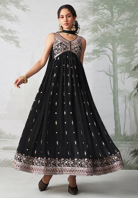 Black Thread Zari Embroidered Rangoli Georgette Anarkali Set