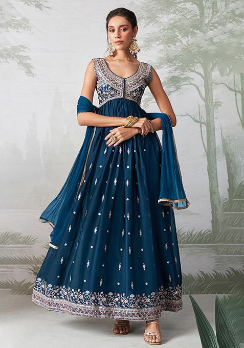 Teal Blue Thread Zari Embroidered Rangoli Georgette Anarkali Set