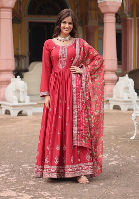 Maroon Rich Sequin Embroidered Chinon Gown With Dupatta