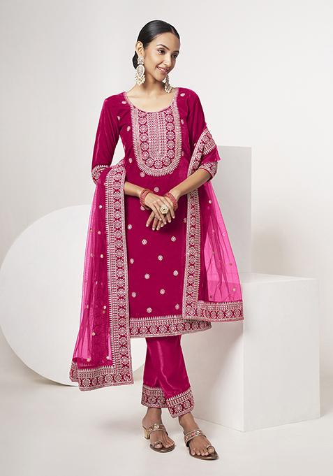 Pink Zari Sequin Embroidered Velvet Kurta Set