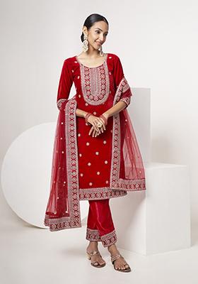 Red Zari Sequin Embroidered Velvet Kurta Set