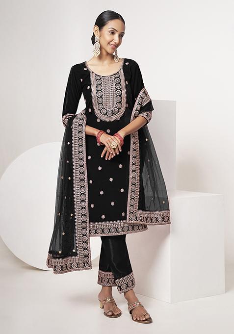 Black Zari Sequin Embroidered Velvet Kurta Set