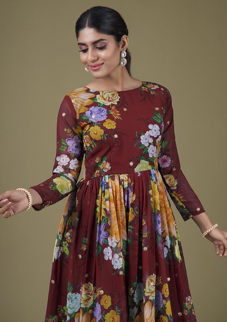 Maroon Zari Sequin Embroidered Fox Georgette Anarkali Set - Indya