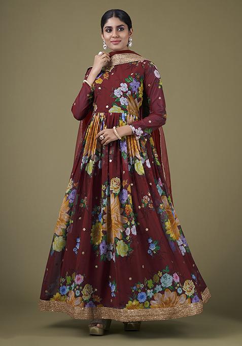 Maroon Zari Sequin Embroidered Fox Georgette Anarkali Set