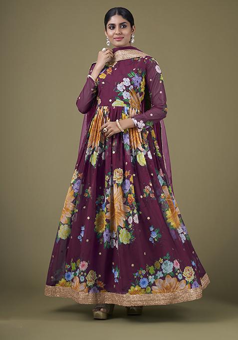 Wine Zari Sequin Embroidered Fox Georgette Anarkali Set