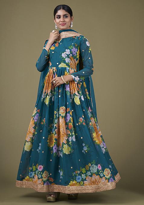 Teal Zari Sequin Embroidered Fox Georgette Anarkali Set