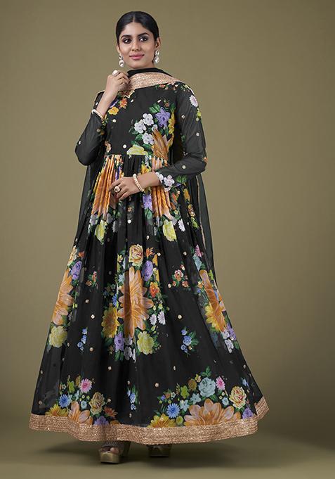 Black Zari Sequin Embroidered Fox Georgette Anarkali Set