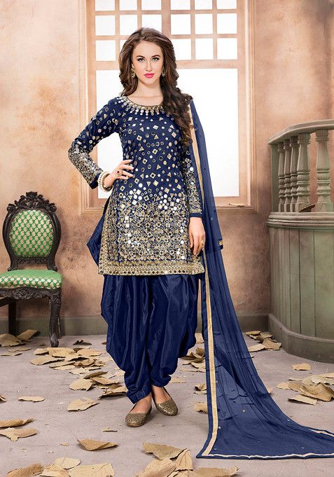 Blue Mirror Work Taffeta Silk Kurta Set