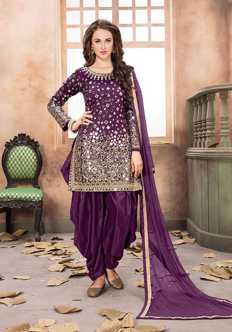 Purple Mirror Work Taffeta Silk Kurta Set