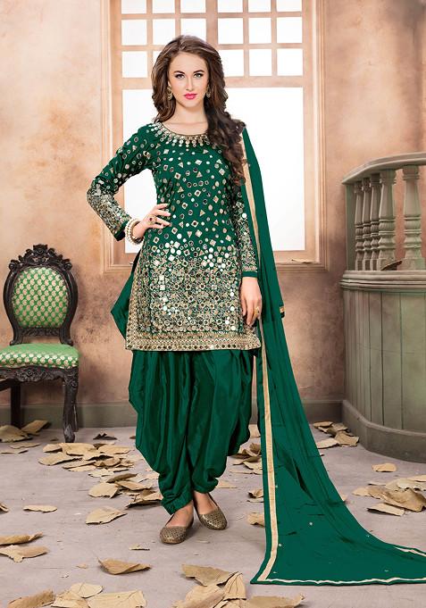 Green Mirror Work Taffeta Silk Kurta Set