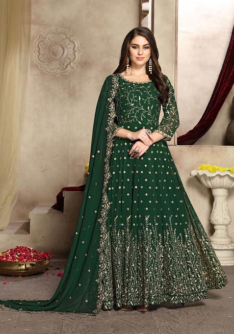 Green Thread Embroidered Work Georgette Anarkali Set