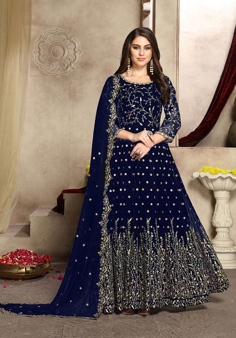 Blue Thread Embroidered Work Georgette Anarkali Set