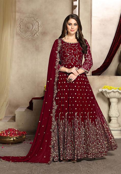 Maroon Thread Embroidered Work Georgette Anarkali Set