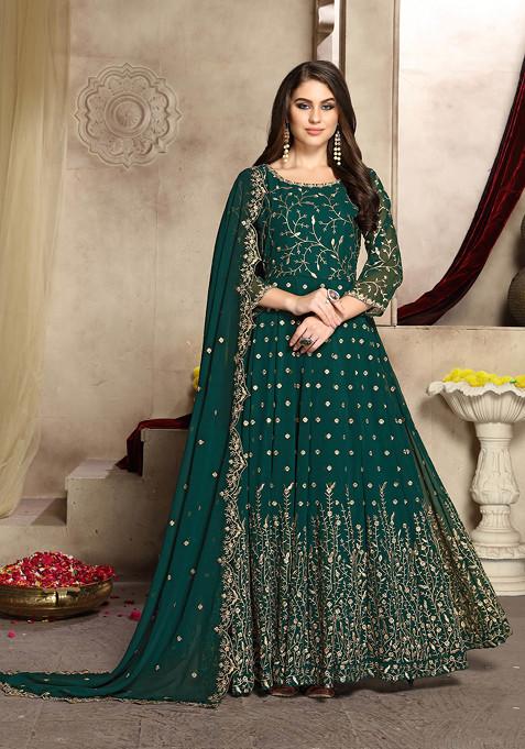 Teal Thread Embroidered Work Georgette Anarkali Set