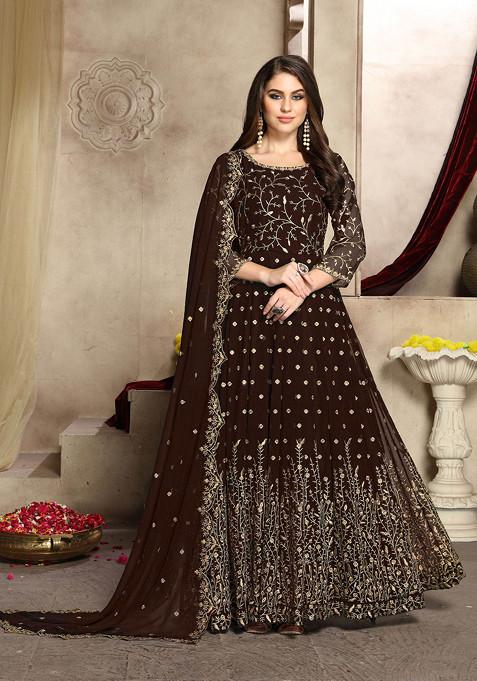 Coffee Brown Thread Embroidered Work Georgette Anarkali Set