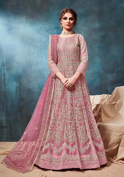 Light Pink Thread Embroidered Net Anarkali Set