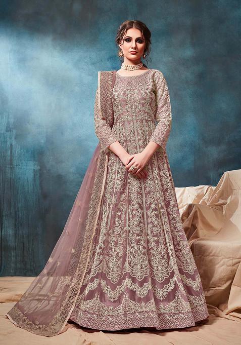 Light Brown Thread Embroidered Net Anarkali Set