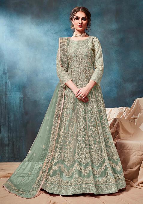 Light Green Thread Embroidered Net Anarkali Set