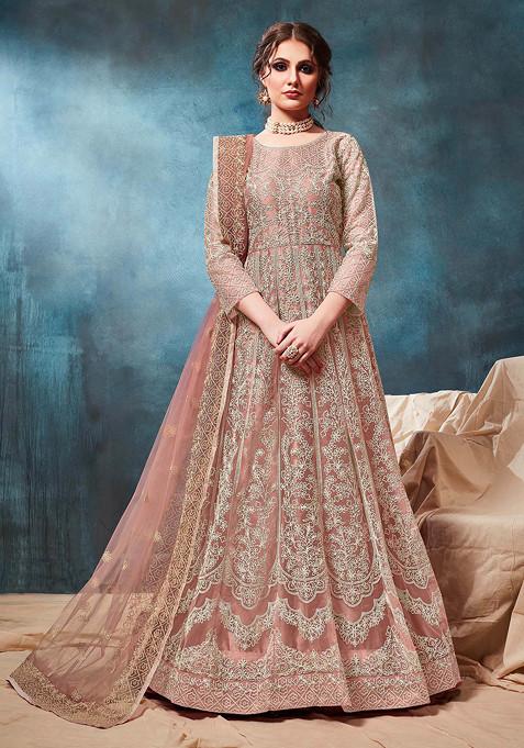 Peach Thread Embroidered Net Anarkali Set