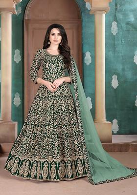 Green Thread Embroidered Faux Georgette Anarkali Set With Dupatta