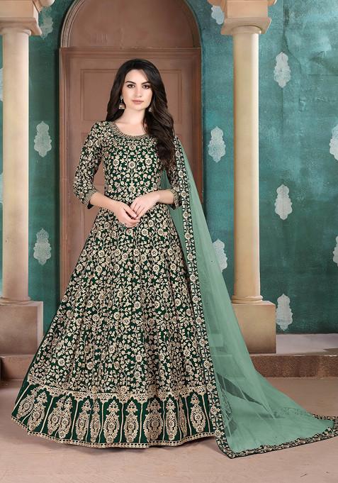 Green Thread Embroidered Faux Georgette Anarkali Set