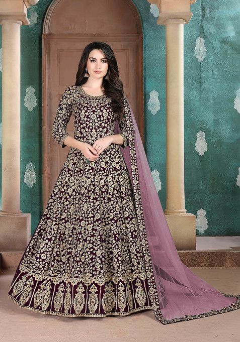 Purple Thread Embroidered Faux Georgette Anarkali Set