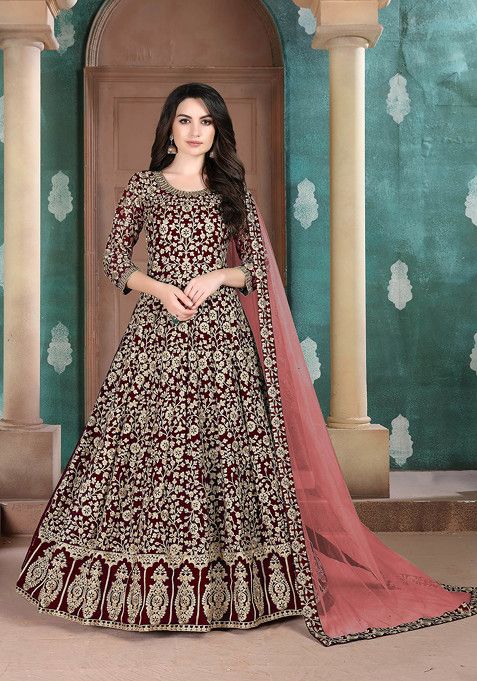 Maroon Thread Embroidered Faux Georgette Anarkali Set