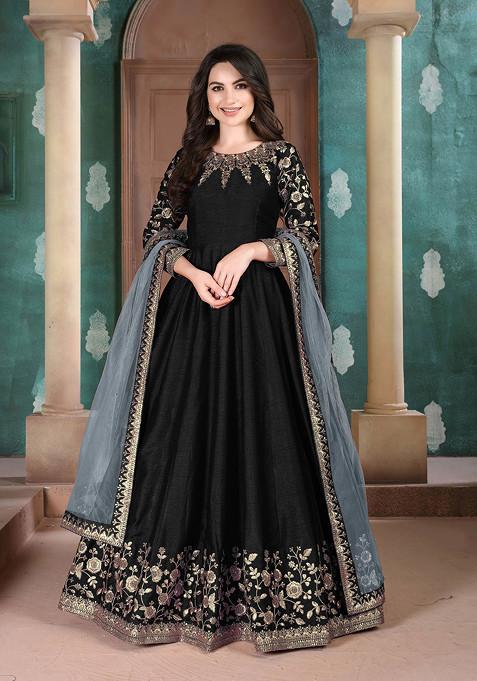 Black Zari Embroidered Adda Silk Anarkali Set