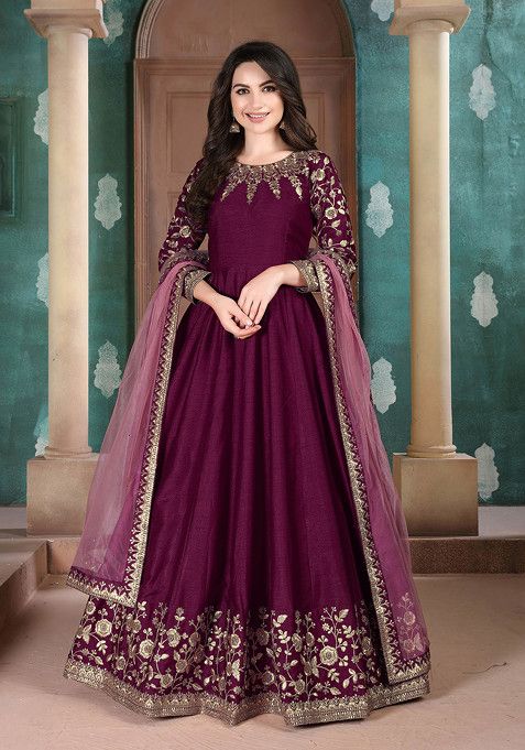 Wine Zari Embroidered Adda Silk Anarkali Set