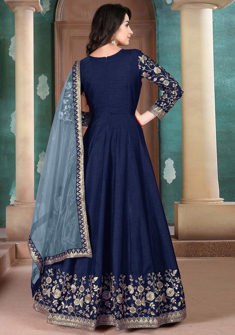 Navy Blue Zari Embroidered Adda Silk Anarkali Set